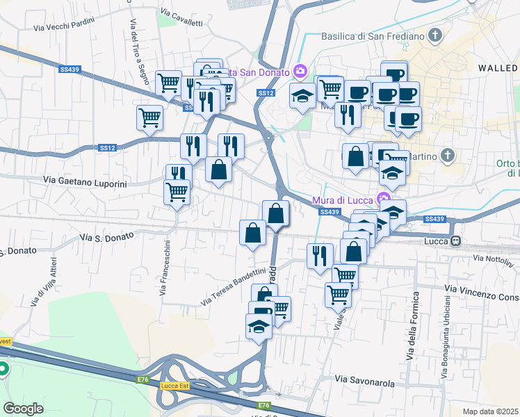 map of restaurants, bars, coffee shops, grocery stores, and more near in Lucca