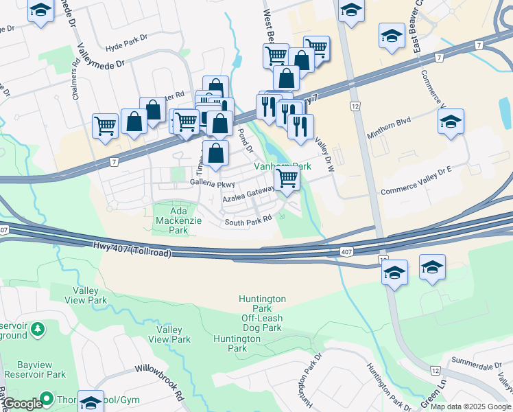 map of restaurants, bars, coffee shops, grocery stores, and more near Park Common Boulevard in Markham
