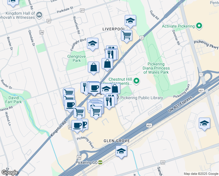 map of restaurants, bars, coffee shops, grocery stores, and more near 1200 The Esplanade North in Pickering
