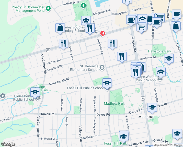 map of restaurants, bars, coffee shops, grocery stores, and more near 191 Kingsview Drive in Vaughan