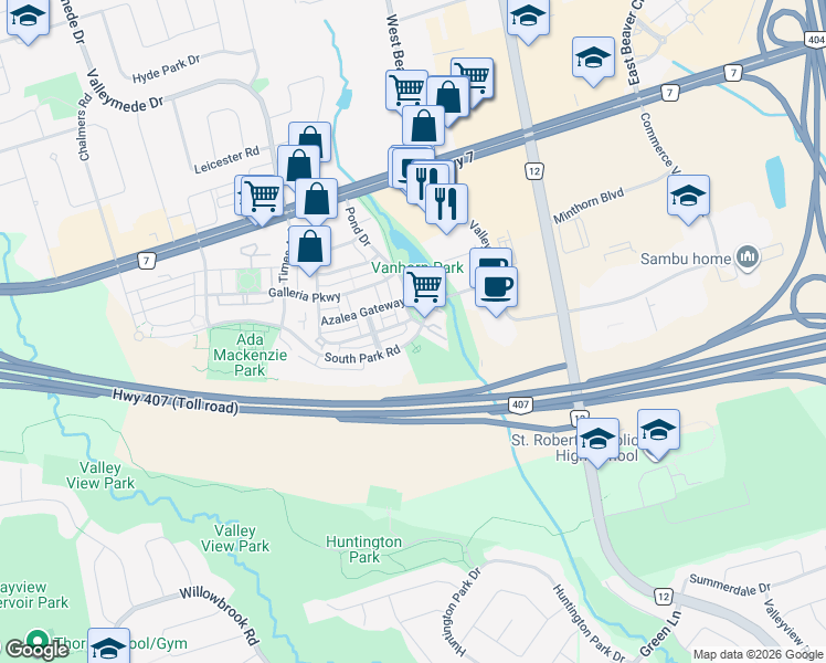map of restaurants, bars, coffee shops, grocery stores, and more near 386 South Park Road in Markham