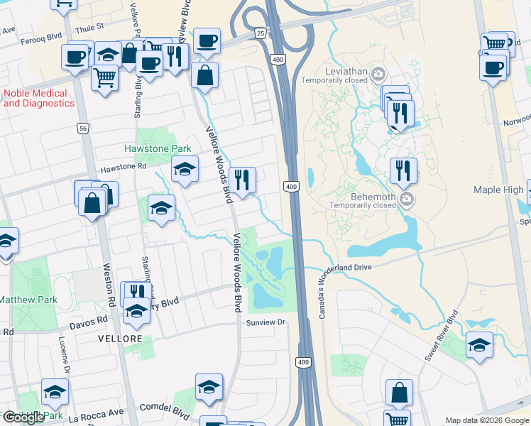 map of restaurants, bars, coffee shops, grocery stores, and more near in Vaughan
