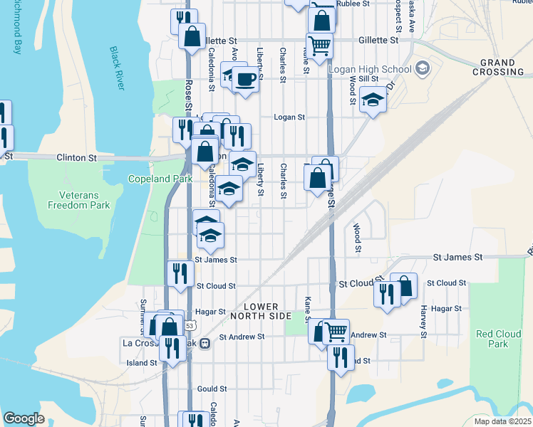 map of restaurants, bars, coffee shops, grocery stores, and more near 1032 Liberty Street in La Crosse