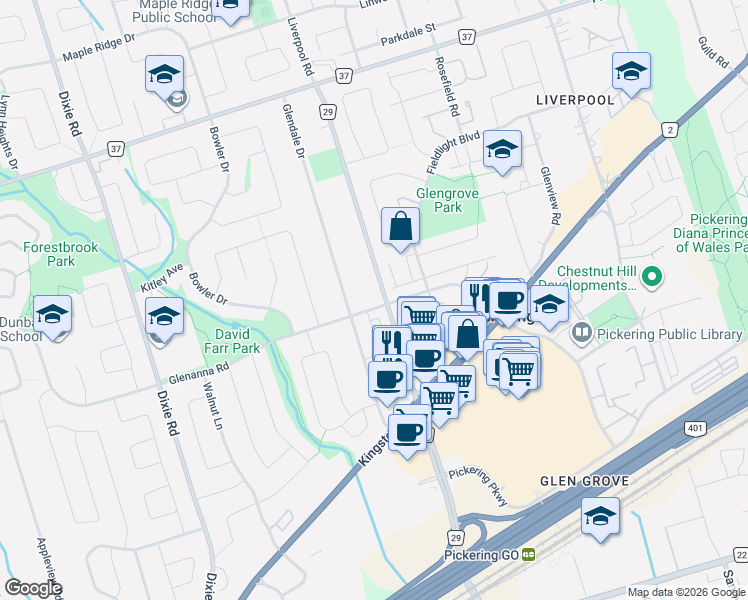 map of restaurants, bars, coffee shops, grocery stores, and more near 1884 Liverpool Road in Pickering