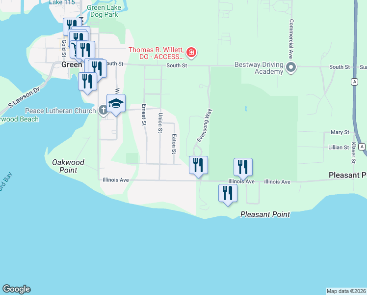 map of restaurants, bars, coffee shops, grocery stores, and more near 408 Eaton Street in Green Lake