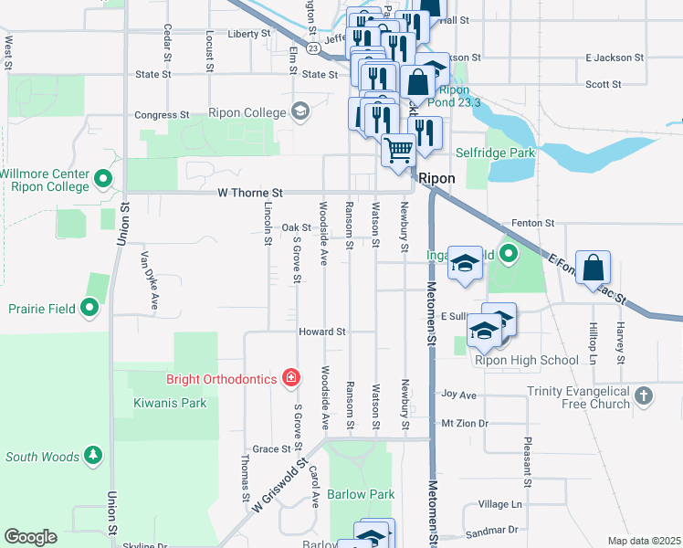 map of restaurants, bars, coffee shops, grocery stores, and more near 632 Ransom Street in Ripon