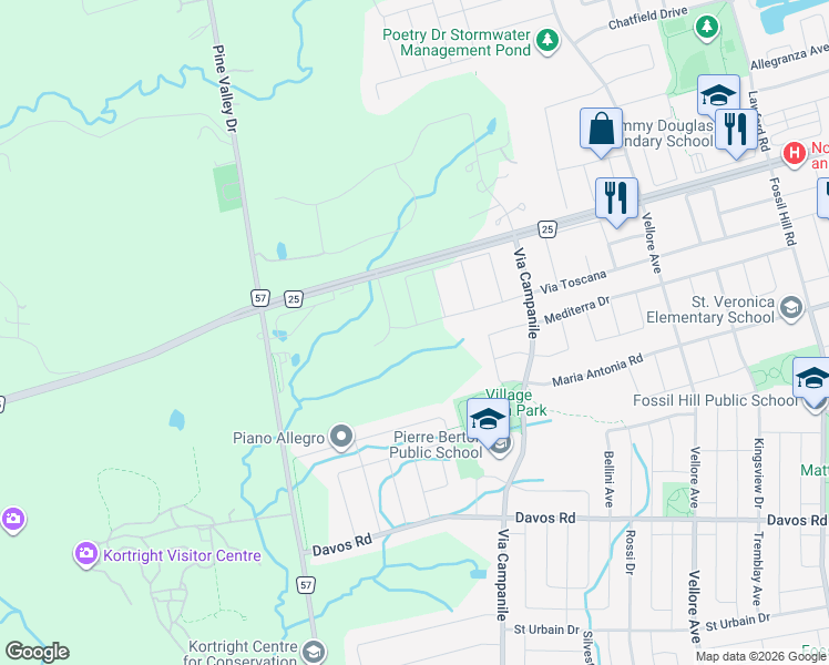 map of restaurants, bars, coffee shops, grocery stores, and more near 45 Donnacona Drive in Vaughan