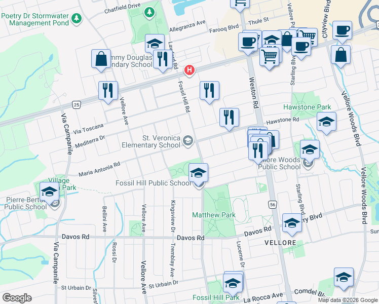map of restaurants, bars, coffee shops, grocery stores, and more near 171 Maria Antonia Road in Vaughan