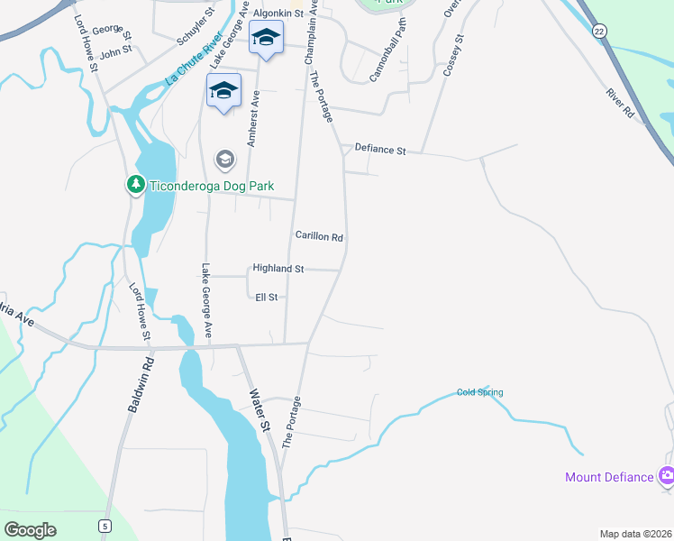 map of restaurants, bars, coffee shops, grocery stores, and more near 17 E Putnam St in Ticonderoga