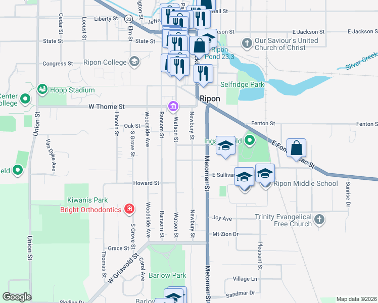 map of restaurants, bars, coffee shops, grocery stores, and more near 610 Newbury Street in Ripon