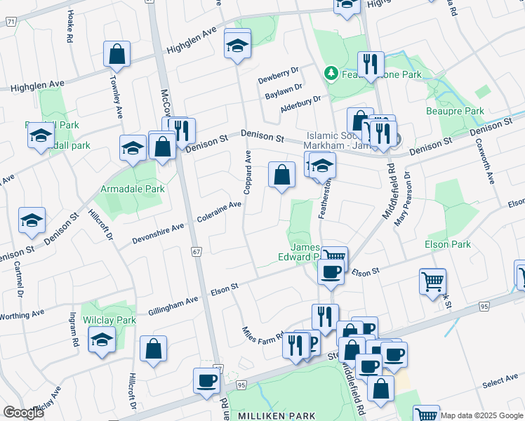 map of restaurants, bars, coffee shops, grocery stores, and more near William Honey Crescent in Markham
