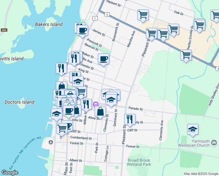 map of restaurants, bars, coffee shops, grocery stores, and more near in Yarmouth