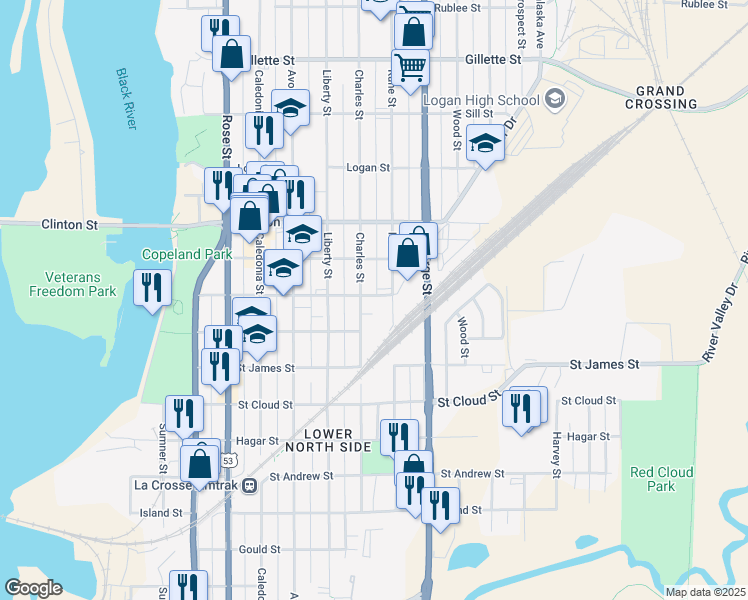 map of restaurants, bars, coffee shops, grocery stores, and more near 1012 Windsor Street in La Crosse
