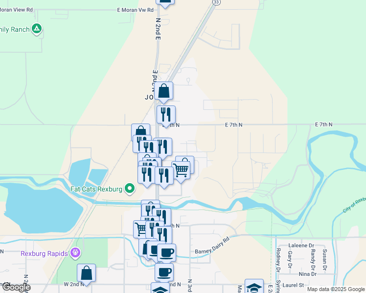 map of restaurants, bars, coffee shops, grocery stores, and more near 258 Lorene Street in Rexburg