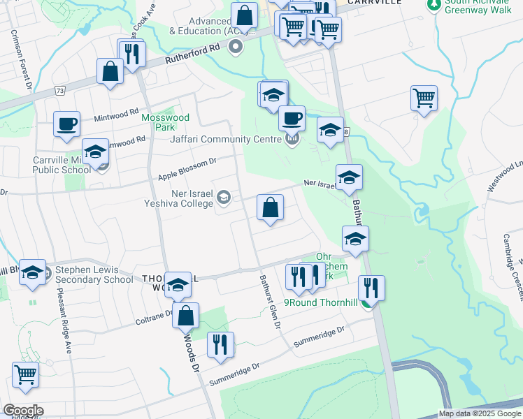 map of restaurants, bars, coffee shops, grocery stores, and more near 54 Strauss Road in Vaughan
