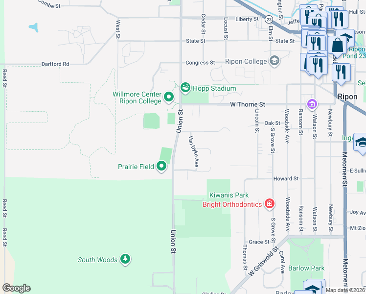 map of restaurants, bars, coffee shops, grocery stores, and more near 511 Union Street in Ripon