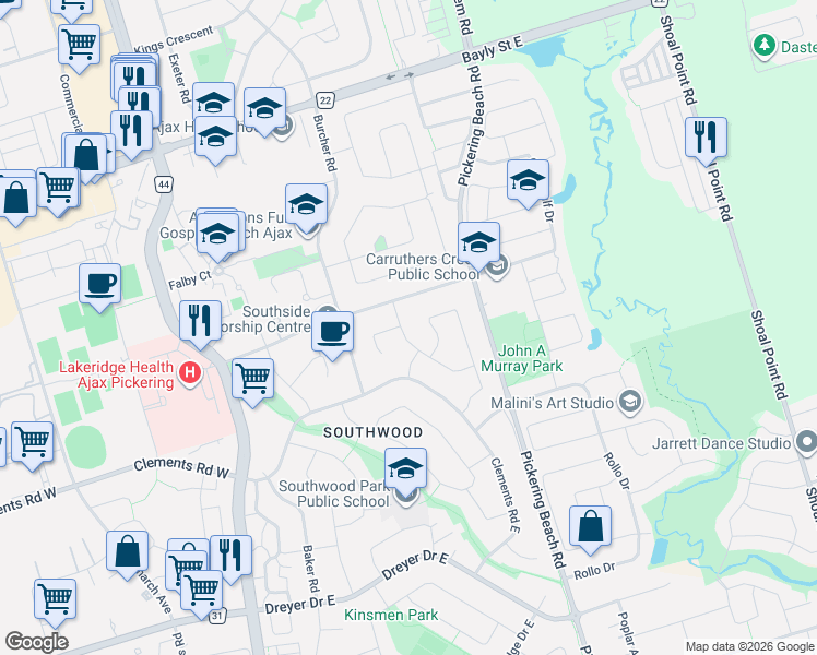 map of restaurants, bars, coffee shops, grocery stores, and more near 9 Turnbull Road in Ajax