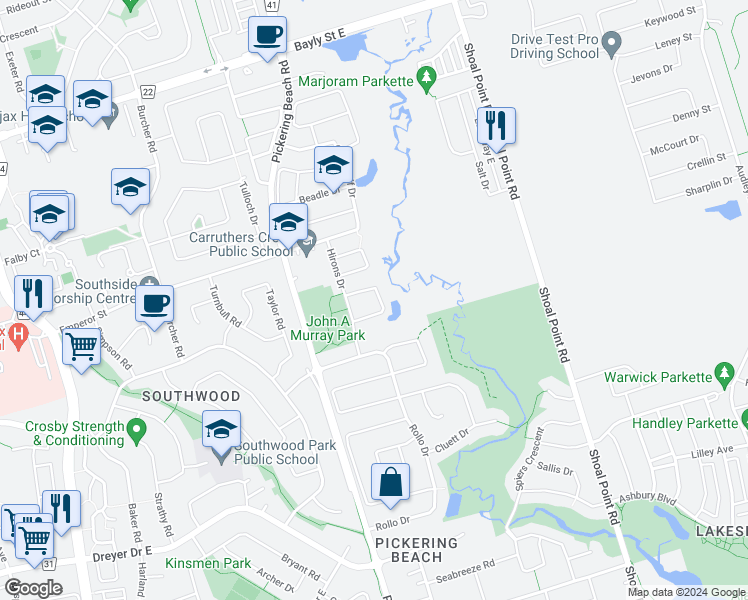 map of restaurants, bars, coffee shops, grocery stores, and more near 20 Hulley Crescent in Ajax