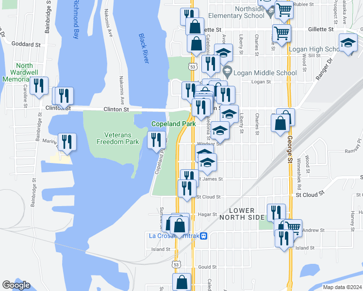 map of restaurants, bars, coffee shops, grocery stores, and more near 508 Windsor Street in La Crosse