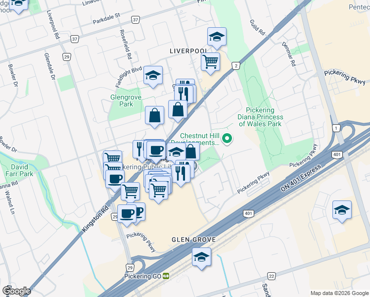 map of restaurants, bars, coffee shops, grocery stores, and more near 1400 The Esplanade North in Pickering