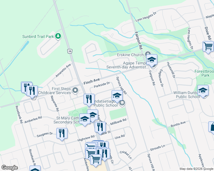 map of restaurants, bars, coffee shops, grocery stores, and more near 1916 Parkside Drive in Pickering