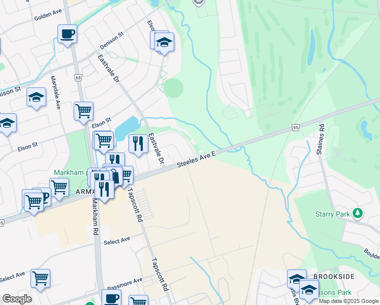 map of restaurants, bars, coffee shops, grocery stores, and more near 55 Ferncliffe Crescent in Markham