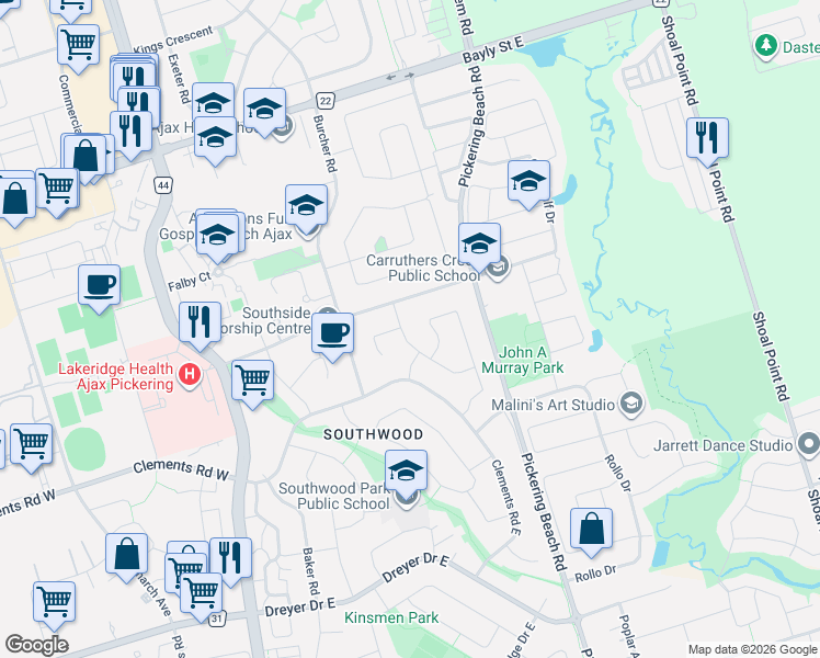 map of restaurants, bars, coffee shops, grocery stores, and more near 9 Turnbull Road in Ajax