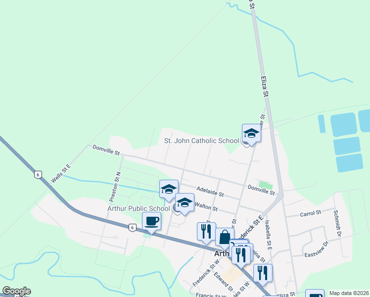 map of restaurants, bars, coffee shops, grocery stores, and more near 216 Conestoga Street North in Arthur