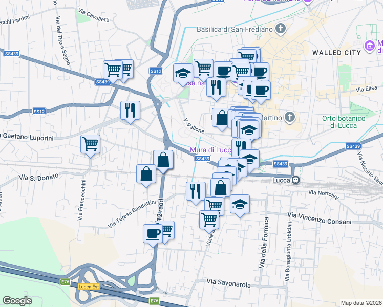 map of restaurants, bars, coffee shops, grocery stores, and more near 343 Viale Giosuè Carducci in Lucca