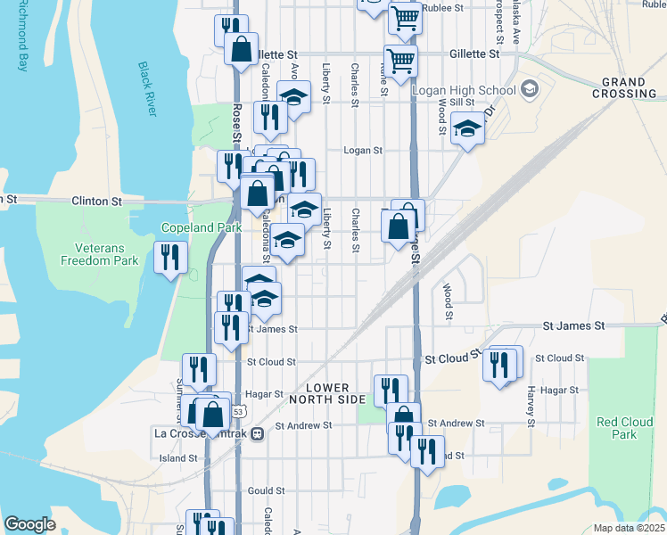 map of restaurants, bars, coffee shops, grocery stores, and more near 1032 Liberty Street in La Crosse