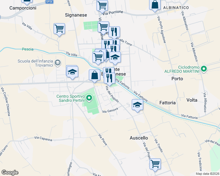 map of restaurants, bars, coffee shops, grocery stores, and more near 2 Piazza Magrini in Ponte Buggianese