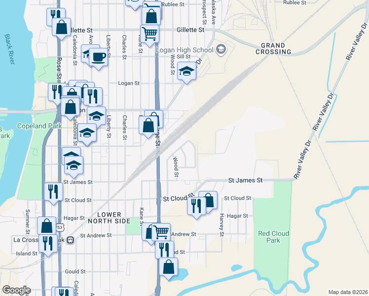 map of restaurants, bars, coffee shops, grocery stores, and more near 1406 Winneshiek Road in La Crosse