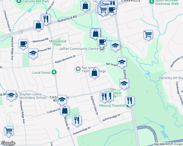 map of restaurants, bars, coffee shops, grocery stores, and more near 54 Strauss Road in Vaughan