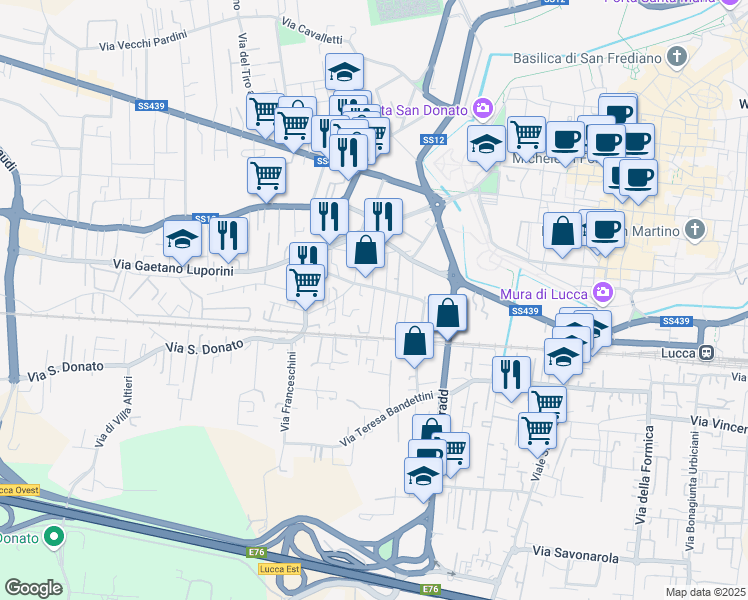 map of restaurants, bars, coffee shops, grocery stores, and more near Via Parenti in Lucca