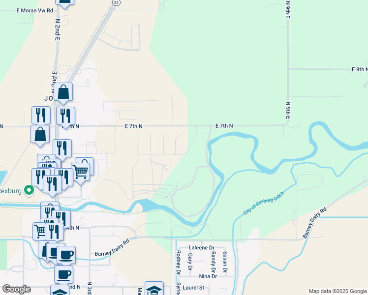map of restaurants, bars, coffee shops, grocery stores, and more near 625 Tanglewood Drive in Rexburg