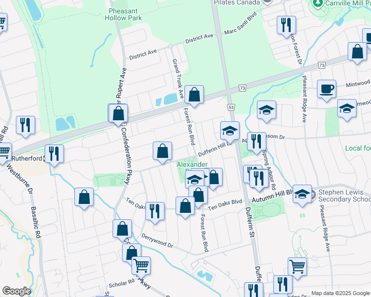 map of restaurants, bars, coffee shops, grocery stores, and more near 15 Tuscana Boulevard in Vaughan