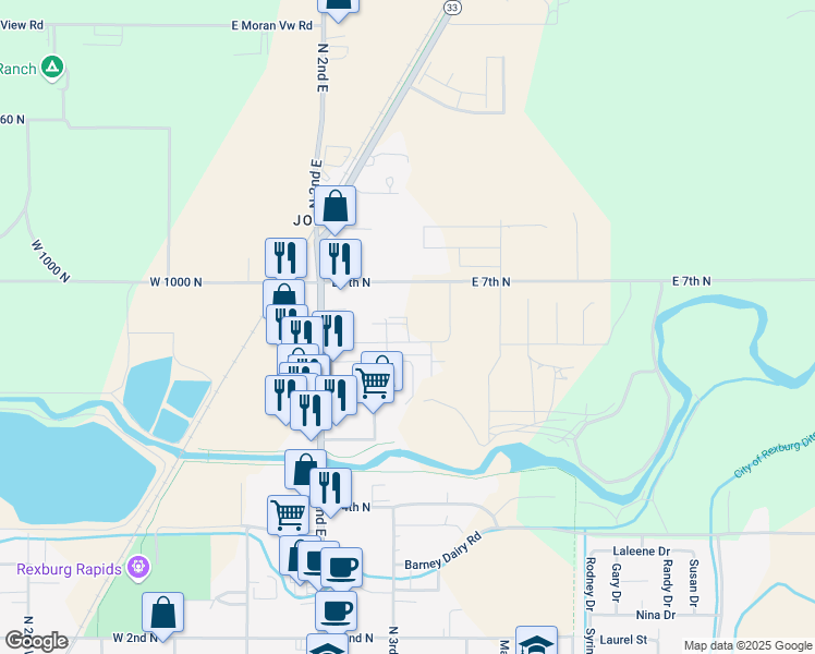 map of restaurants, bars, coffee shops, grocery stores, and more near 236 Lorene Street in Rexburg