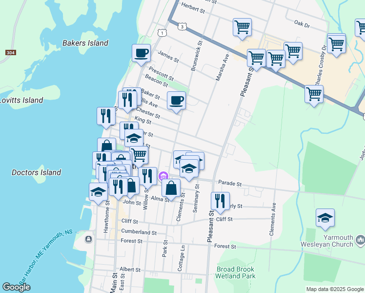 map of restaurants, bars, coffee shops, grocery stores, and more near 45 Porter Street in Yarmouth