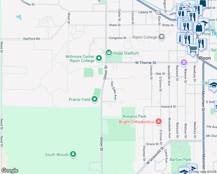 map of restaurants, bars, coffee shops, grocery stores, and more near 511 Union Street in Ripon