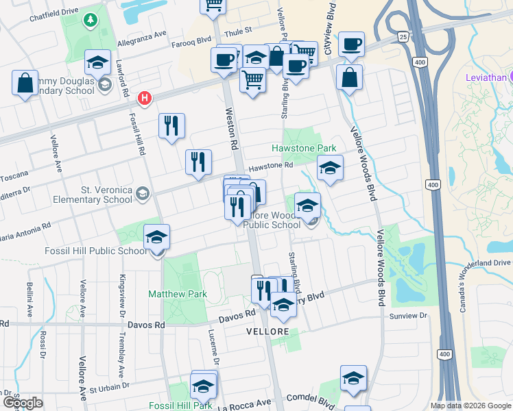 map of restaurants, bars, coffee shops, grocery stores, and more near 56 Planter Crescent in Vaughan