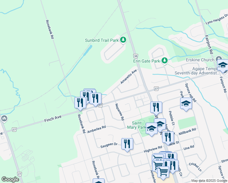 map of restaurants, bars, coffee shops, grocery stores, and more near 2011 Whiskey Gate in Pickering