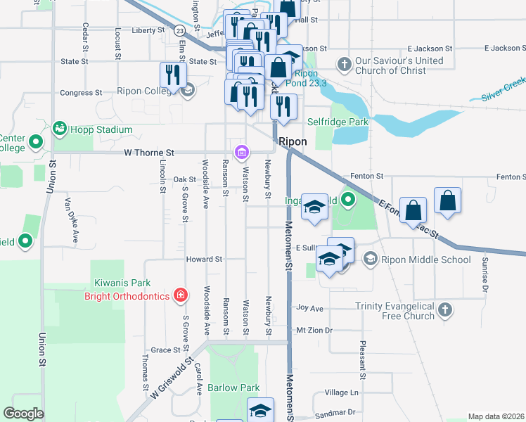 map of restaurants, bars, coffee shops, grocery stores, and more near 610 Newbury Street in Ripon