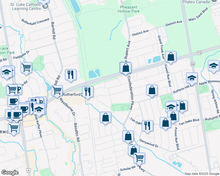 map of restaurants, bars, coffee shops, grocery stores, and more near Royal Appian Crescent in Vaughan