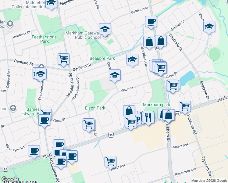 map of restaurants, bars, coffee shops, grocery stores, and more near 214 Elson Street in Markham