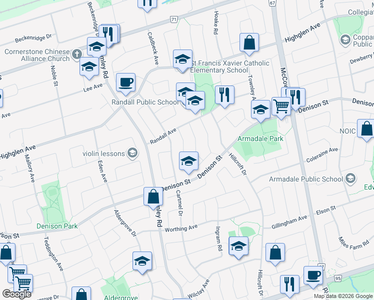 map of restaurants, bars, coffee shops, grocery stores, and more near in Markham
