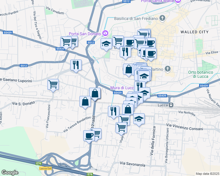 map of restaurants, bars, coffee shops, grocery stores, and more near 343 Viale Giosuè Carducci in Lucca