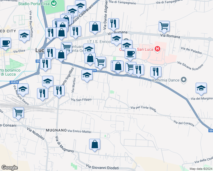 map of restaurants, bars, coffee shops, grocery stores, and more near 504 Via San Filippo in San Filippo