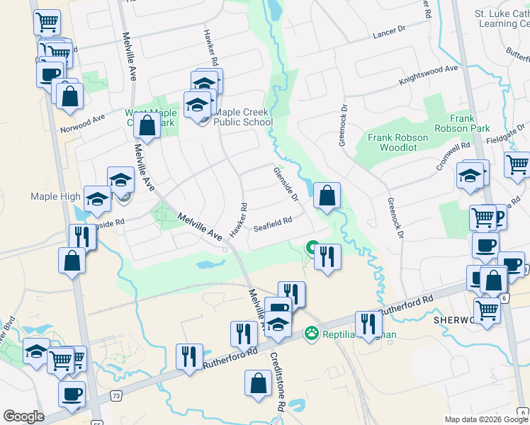 map of restaurants, bars, coffee shops, grocery stores, and more near 49 Muirside Road in Vaughan