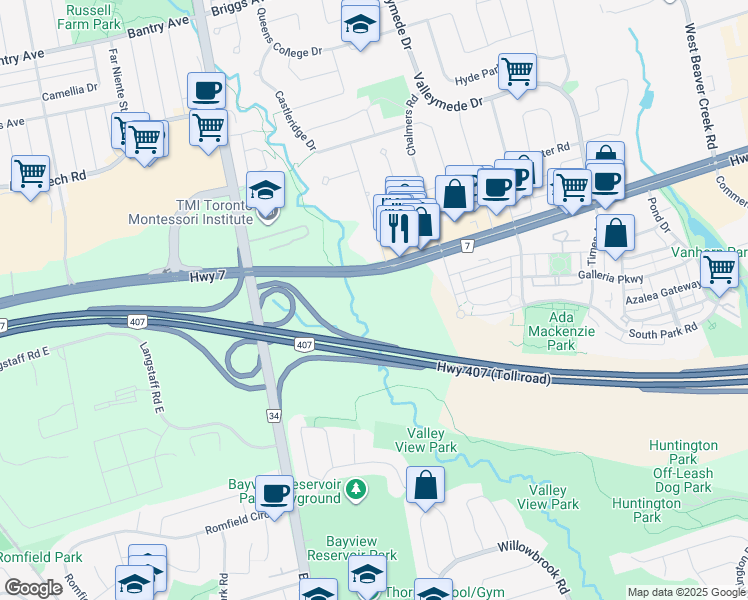 map of restaurants, bars, coffee shops, grocery stores, and more near in Richmond Hill