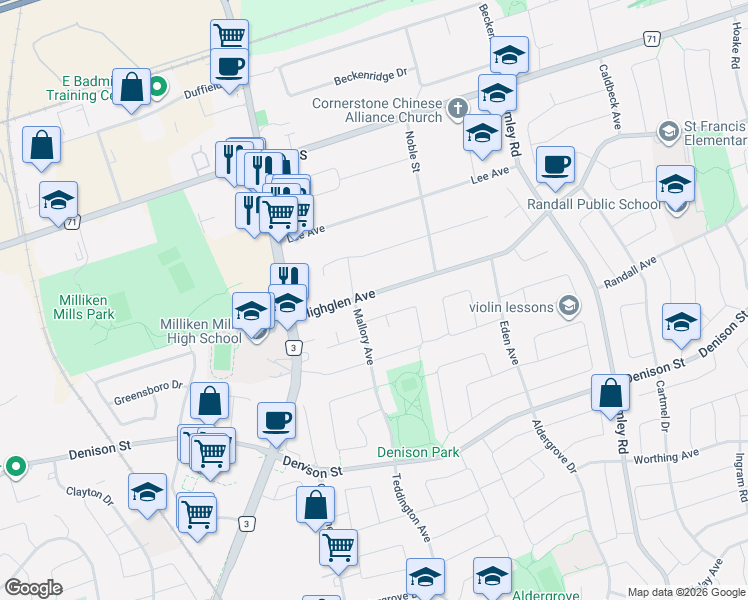 map of restaurants, bars, coffee shops, grocery stores, and more near 49 Highglen Avenue in Markham